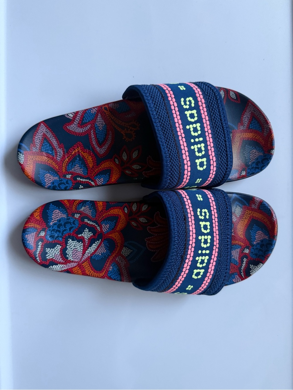 adidas Originals Navy Slides with Pink Trim and Yellow Logo Dots